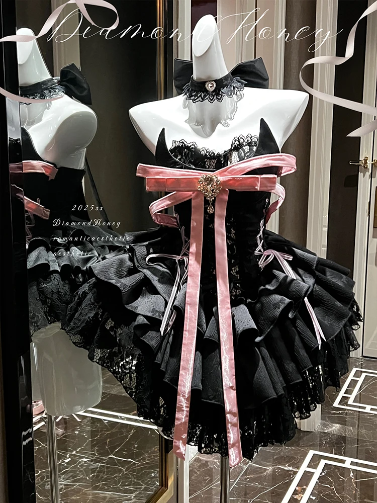 DH Original Design Sweet Girls Big Pink Bow Tie Cute Dress Slim Sexy Princess Birthday Party Mini Black Ball Gown Dress Vestido