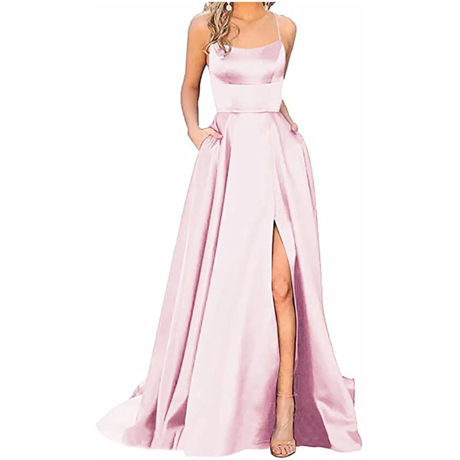 Robe de Bal Longue en Satin pour Femme, Dos aux, Ligne A, Croisé, Bretelles Spaghetti, Poches Latérales