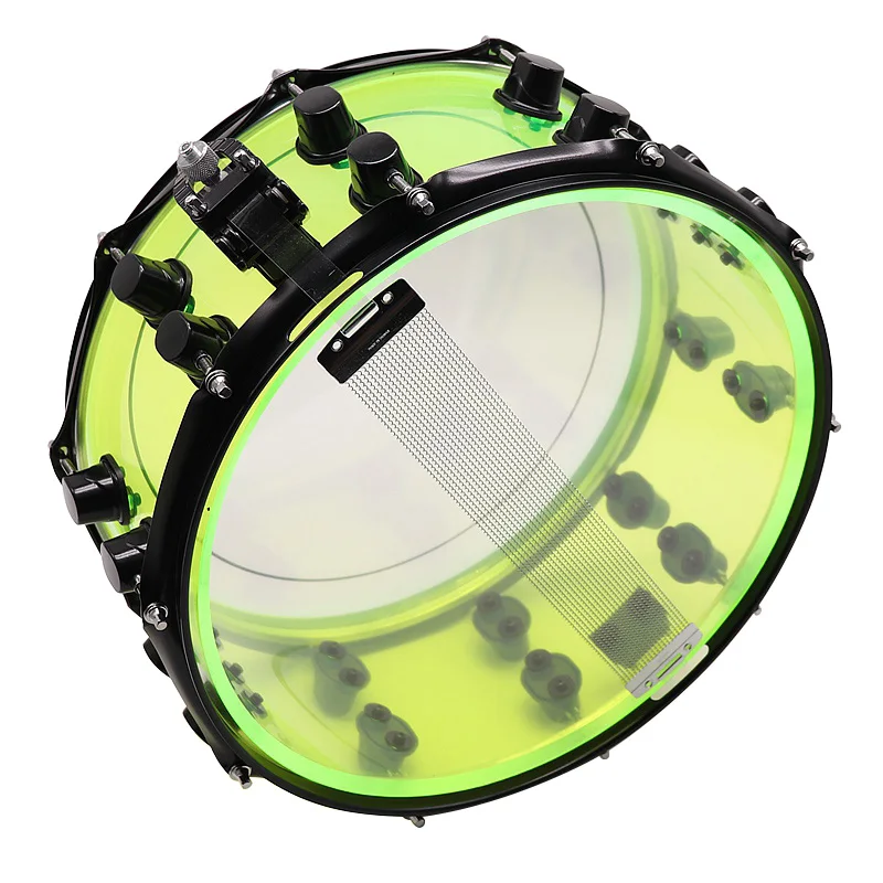 13 Inch Diameter 7 Inch Depth Acrylic Snare Drum Green with Black Color Iron Hoop and Metal One Side Drum Lug