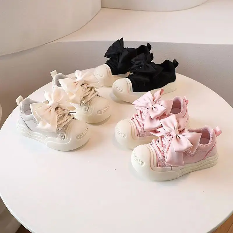 Fashion Baby Girls Canvas Shoes Princess Children Anti-slip Anti-kick Bow Sports Shoes School Student Sneakers White Shoes 1-12Y