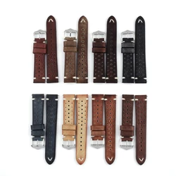 Leather Watchband 20mm 22mm 24mm Porous Breathable Vintage First Layer Cowhide Watch Strap Handmade Stitching Brown Bracelet