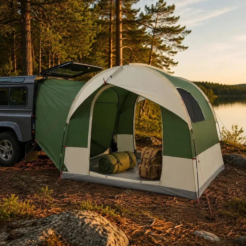 Tente de Voiture Arrière en Polyester 185T Revêtu PU 240 x 210 x 140 cm, Structure Légère en Fibre de Verre et Acier, Fenêtres en Maille Aérée, Porte à Fermeture Éclair, Montage Rapide Idéal pour le Camping, Sans Piquets de Tente