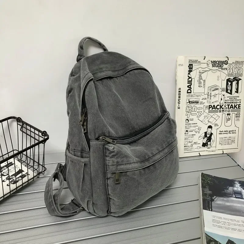 Backpack Solid Color Denim Retro Simple Women 2023 New Fashionable Solid Color Student Outdoor Travel Bag Casual Backpack