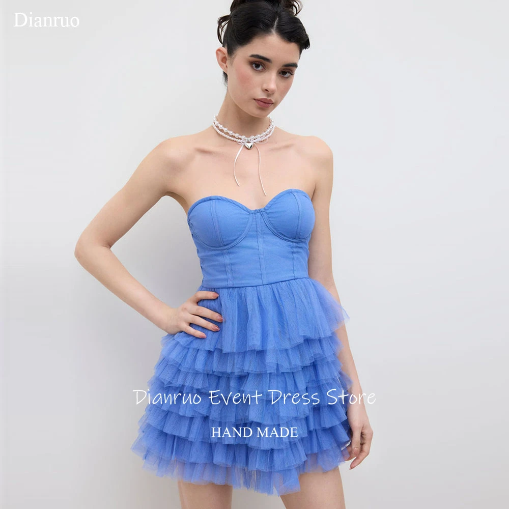 Dianruo bleu à plusieurs niveaux robes de bal plissé Tulle robe de retour Mini une ligne chérie gonflée robe de fête d'anniversaire personnalisée