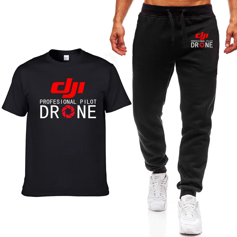 Summer Men's Set DJI Drone Pilot Print Man Short sleeve Casual Tees Cotton High Quality T Shirts+Pants Suit 2PCS