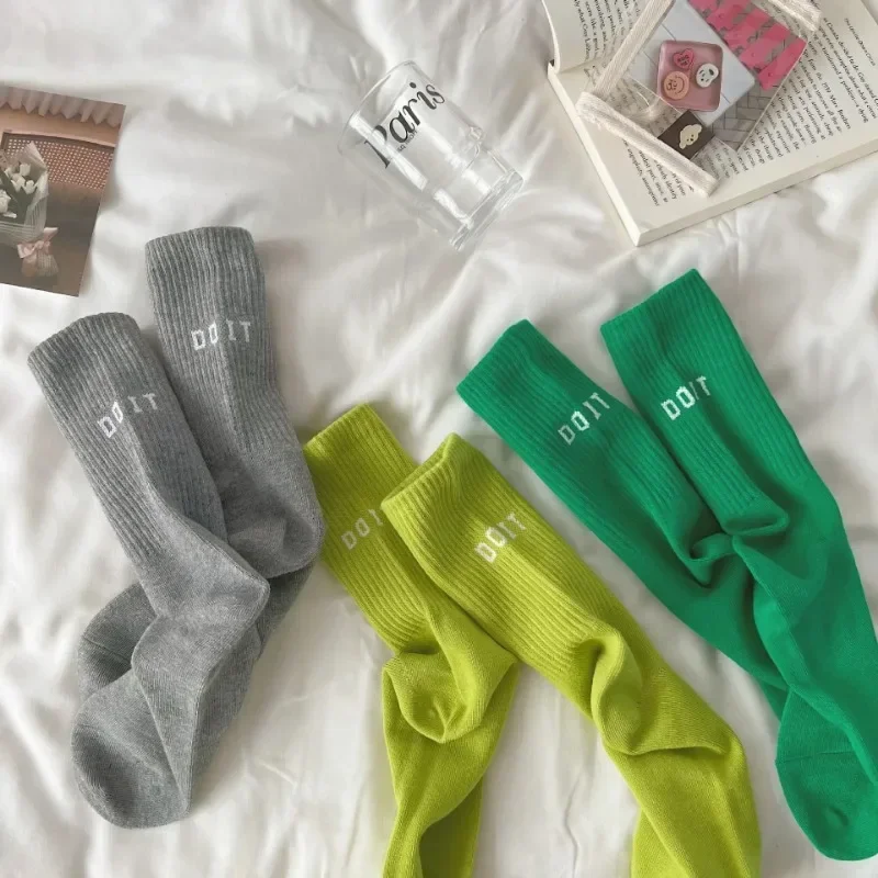 Pink Socks Women's Spring and Autumn Style Mid-tube Socks Ins Outside Wear Cotton Bottoming High Waist Letter Sports Stockings