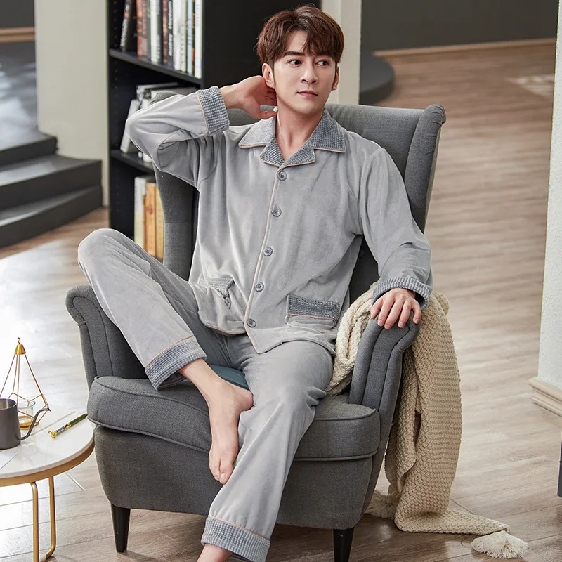 

Men's Pajamas Warm Flannel Autumn Winter Male Pyjama Homme Pijama Sleepwear Long-Sleeve Thick Island Fleece Lounge Sleep Set 3XL