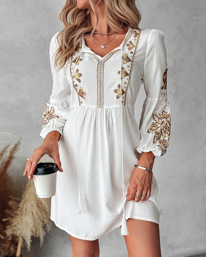 New Fashion 2024 Summer Casual Sexy Dresses for Women Elegant Floral Embroidery Tied Detail Casual Dress Female Clothing