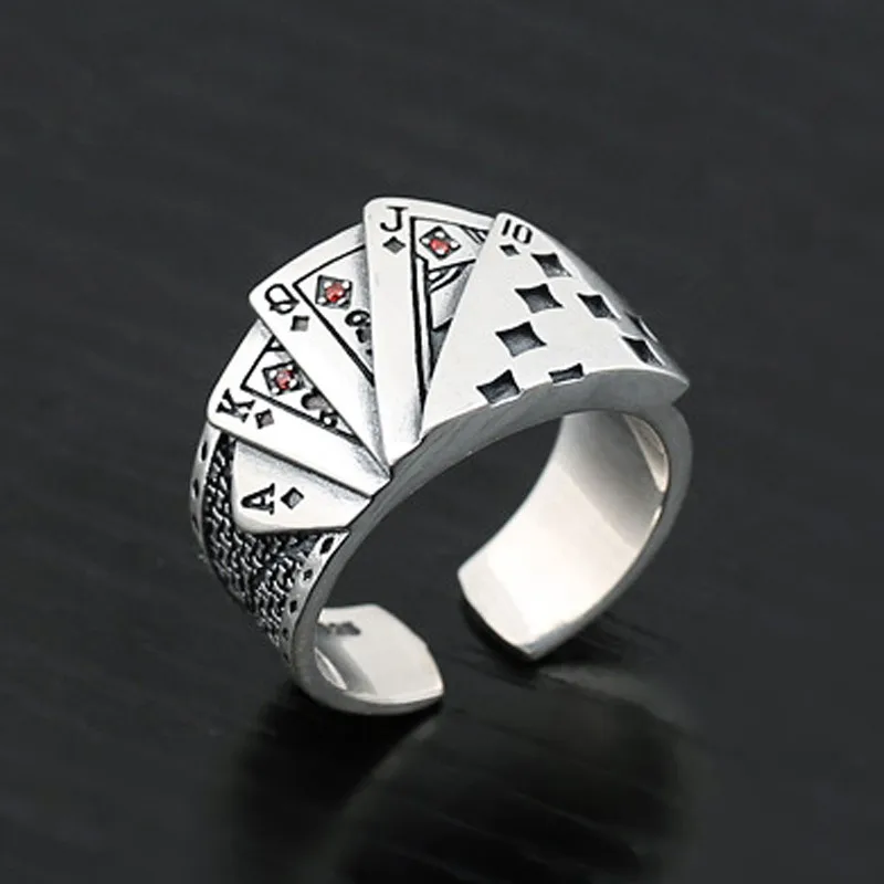 Retro Playing Card Ring for Men's and Women's Unisex Open Tonghua Shun Gambling God Card Ring Jewelry