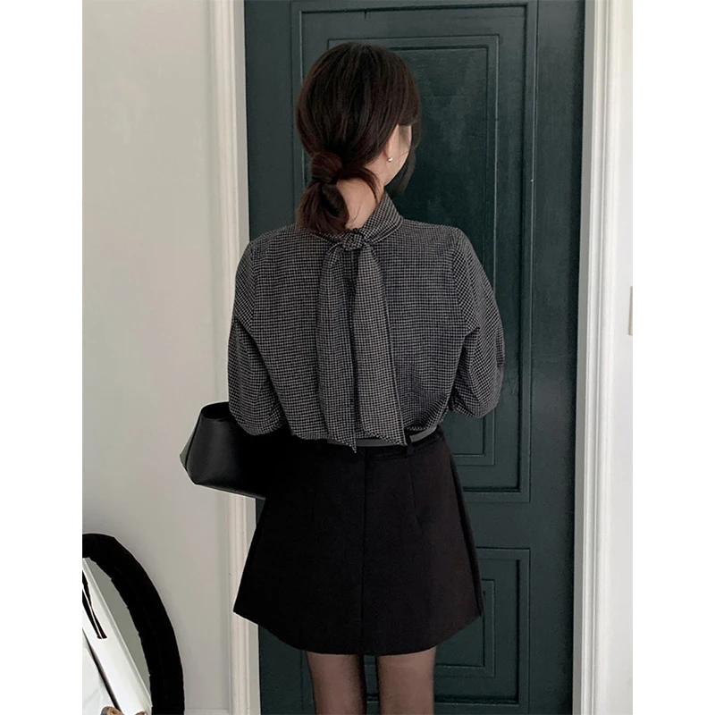 Vintage Plaid Shirts Frauen Harajuku Spitze Up Blusen Frühling Herbst Büro Damen Elegante Koreanische Lange Hülse Lose Design Tops Neue