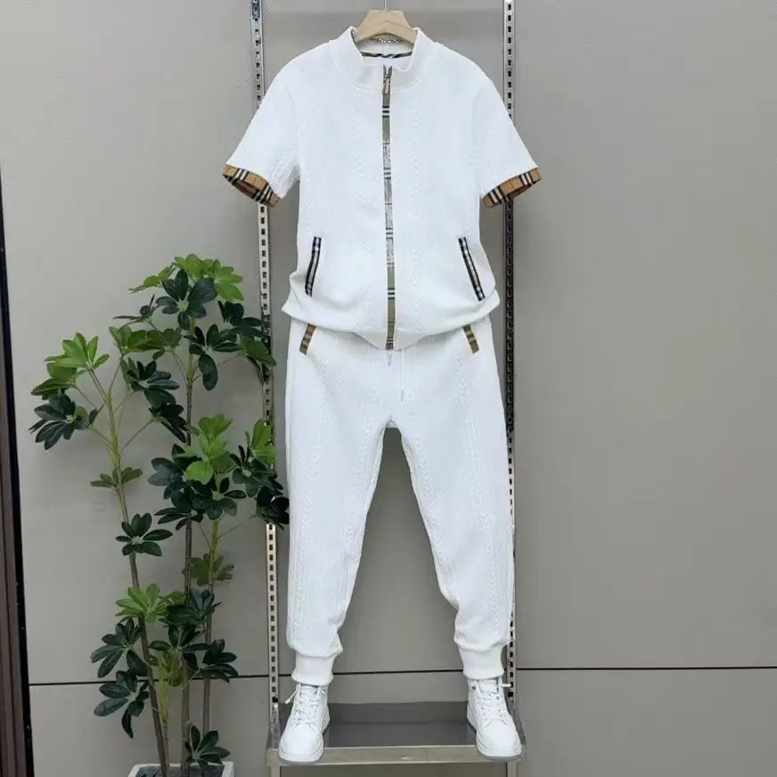 2025 summer new men's solid color splicing niche zipper short-sleeved shorts set