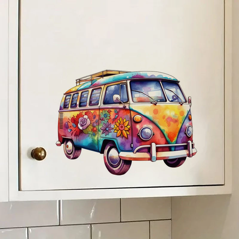

Hippie Bus Self-Adhesive Wall Decal - Removable, Reusable PVC Sticker for Kitchen & Living Room Decor