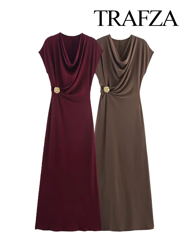 HH Women's Fashion Accessories Pleated Ankle Length Long Dress Female Metal Decorative Temperament Slim Party 2-Color Dress