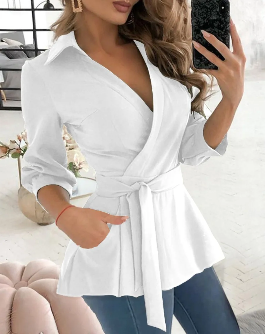 Spring Autumn Printed Work Shirt Tops Women Casual V Neck Long Sleeve Party Club Business Blouse Top with Belt