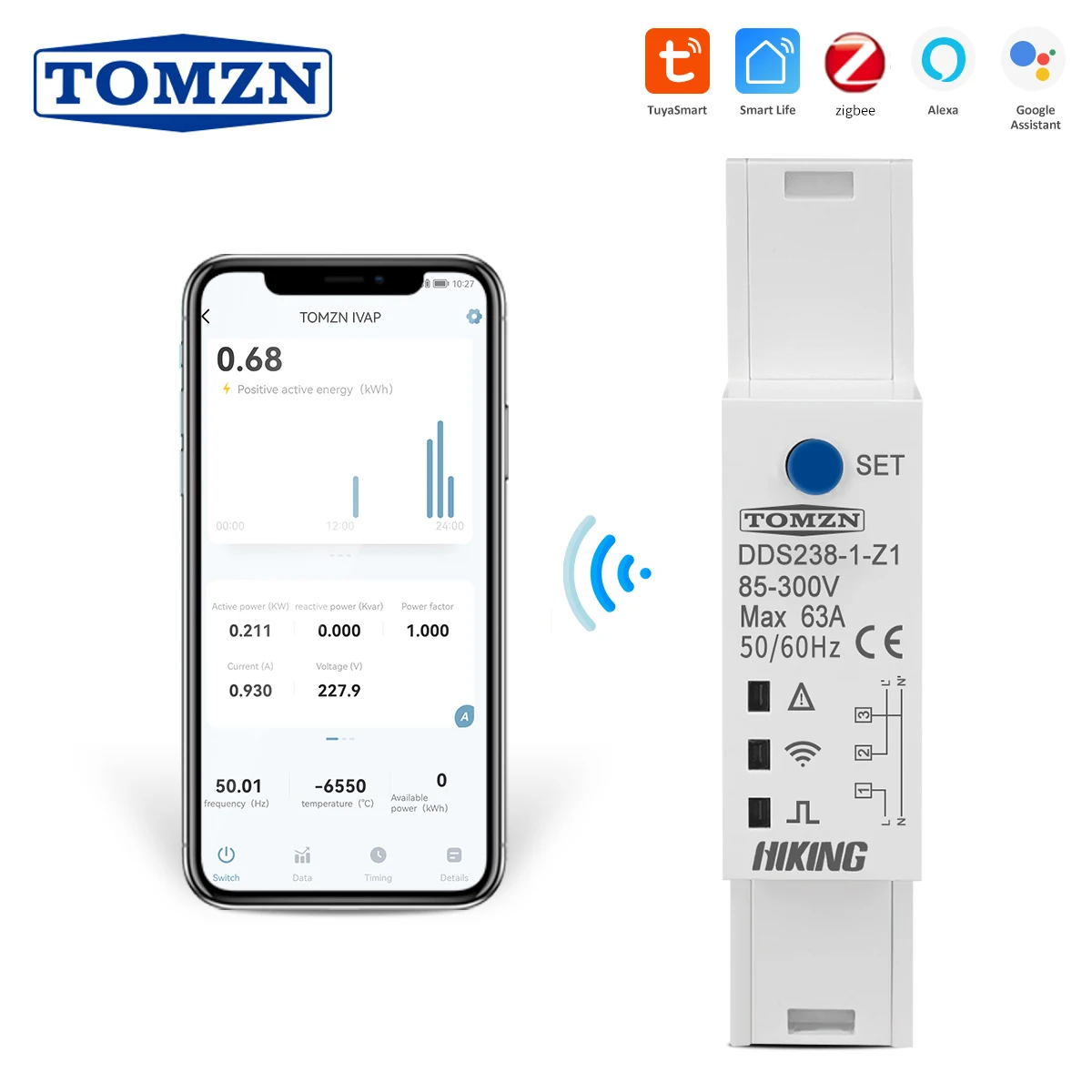 TOMZN Zigbee TUYA 18mm 63A WIFI inteligentny dwukierunkowy licznik energii z timerem, monitor zużycia energii, licznik kWh z zabezpieczeniem przed przepięciem i nadprądem
