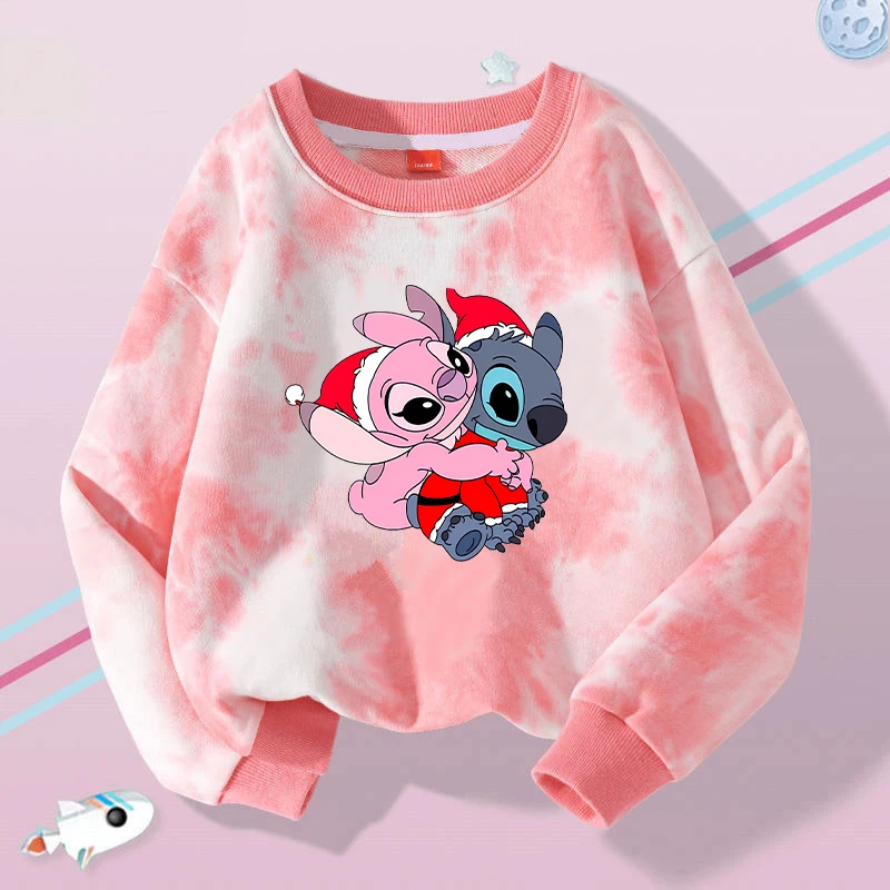 Disney Stitch Kids Crew Neck Sweatshirt Anime Cartoon Christmas Print Long Sleeve Pullover Boy Girl Winter Casual Warm Top Gifts