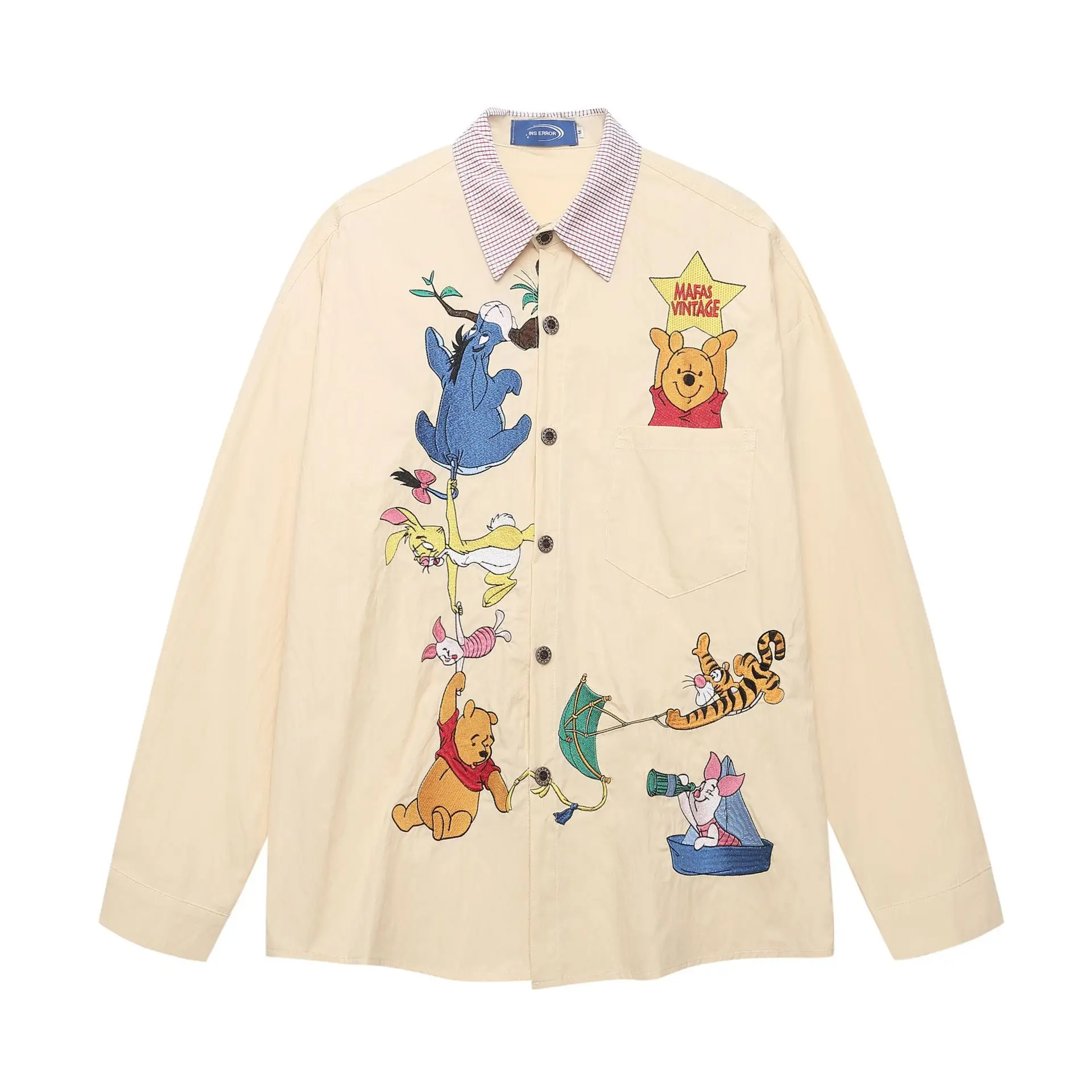 American Street Style Cartoon Bear Embroidered Long Sleeve Shirt for Men and Women Loose Casual Couple Shirt Jacket for Autumn