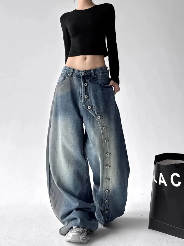 Y2k New Women Low Rise Wide Leg Denim Jeans Pant with Chic Studs-Embellished Side Detail High Street Female Trousers Baggy Pants