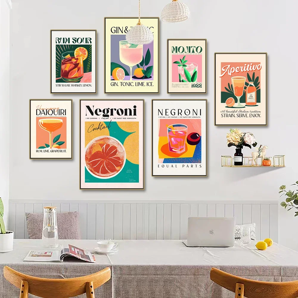 Frameless Canvas Painting 1pc Frameless Cartoon Cocktail Drinks Negroni Daiquiri Posters Retro Mojito Canvas Prints Wall Art Bar