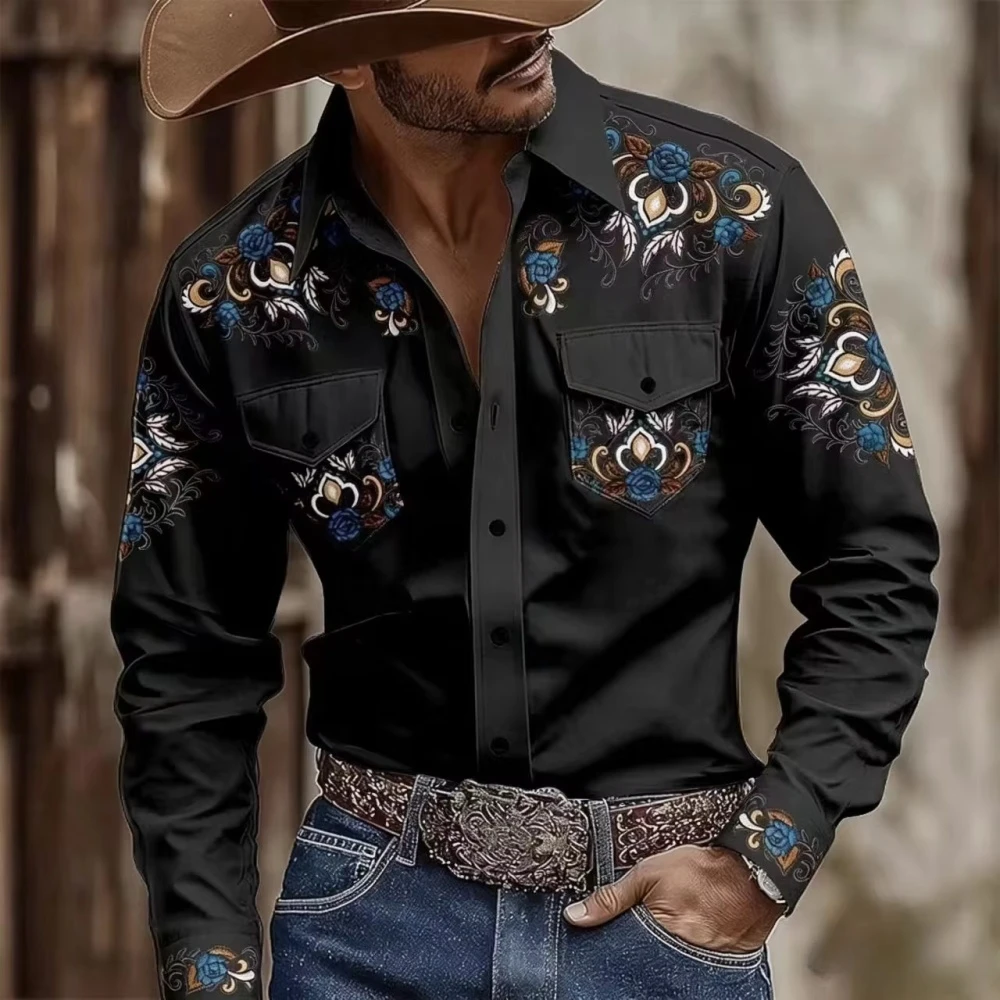 Men's Collar Long Sleeved Shirt With Western Denim Style 3D Printed Pattern  Comfortable Double Pocket  Fashionable And Trendy