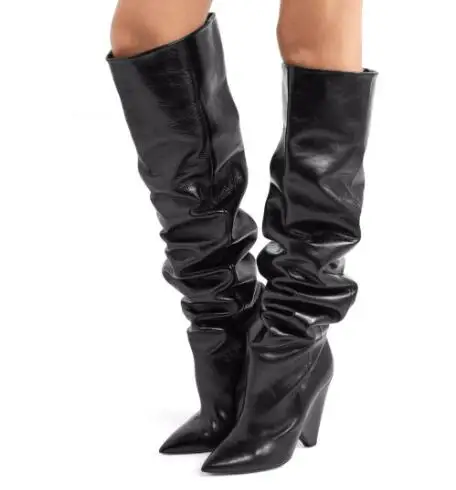 Winter New Women Blue Black White Brown Leather Pointed Toe Pleated Pointed  Toe Spike Heels Over The Knee Boots Long Botas Shoe