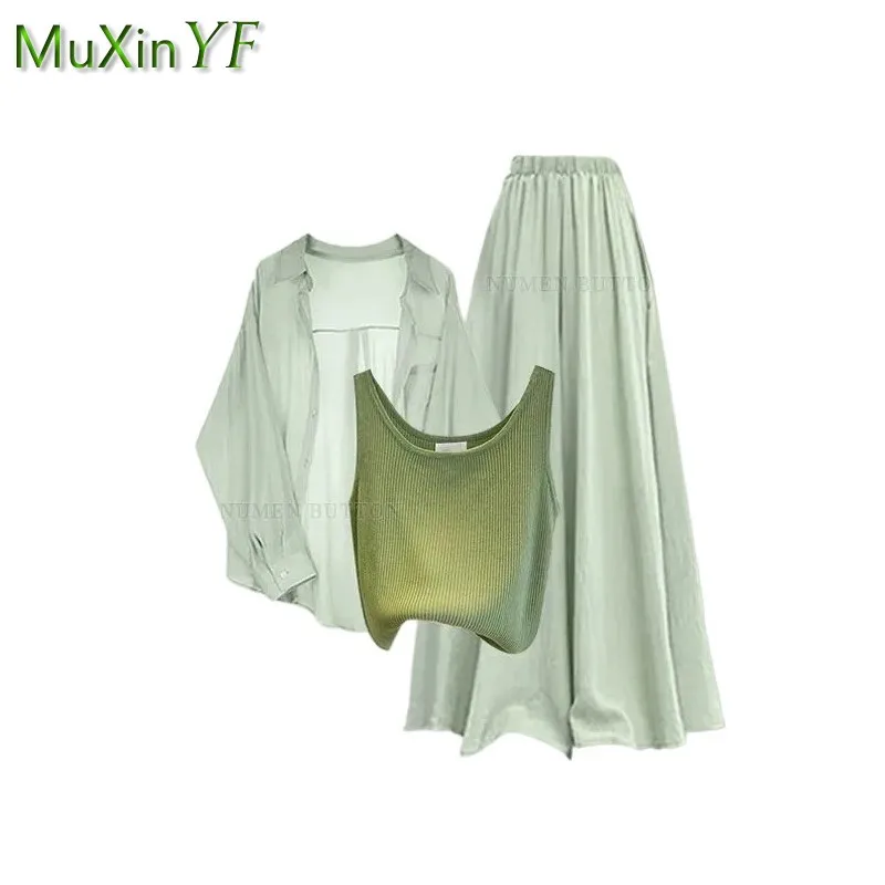 Women's 2025 Summer New Sunscreen Shirt+Strap+Wide Leg Skirt Pants 3-Piece Set Korean Elegant Cardigan Trousers Matching Set