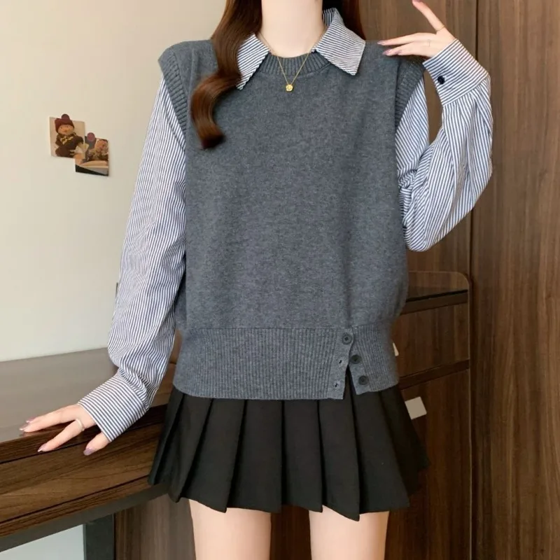 

2025 New Autumn Winter Knitted Fake Two-piece Sweater Women's Striped Shirt Fake Two-piece Long-sleeved Top