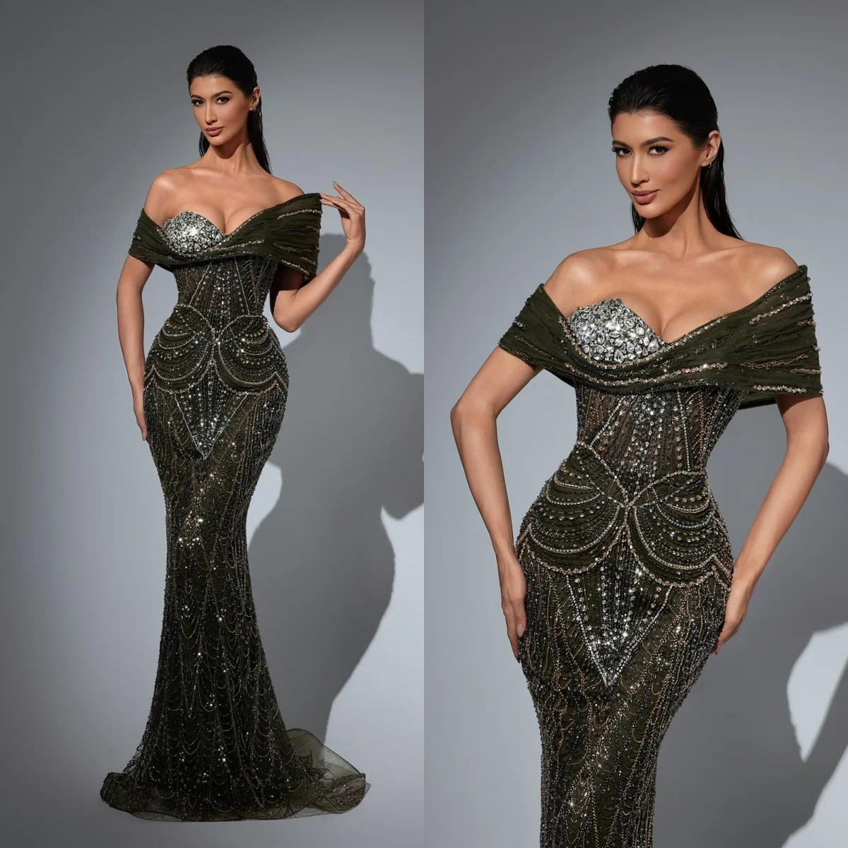 Gorgeous Mermaid Evening Dresses Off Shoulder Crystal Beaded Sequins Engagement Prom Dress Customized Graduation Night Gowns