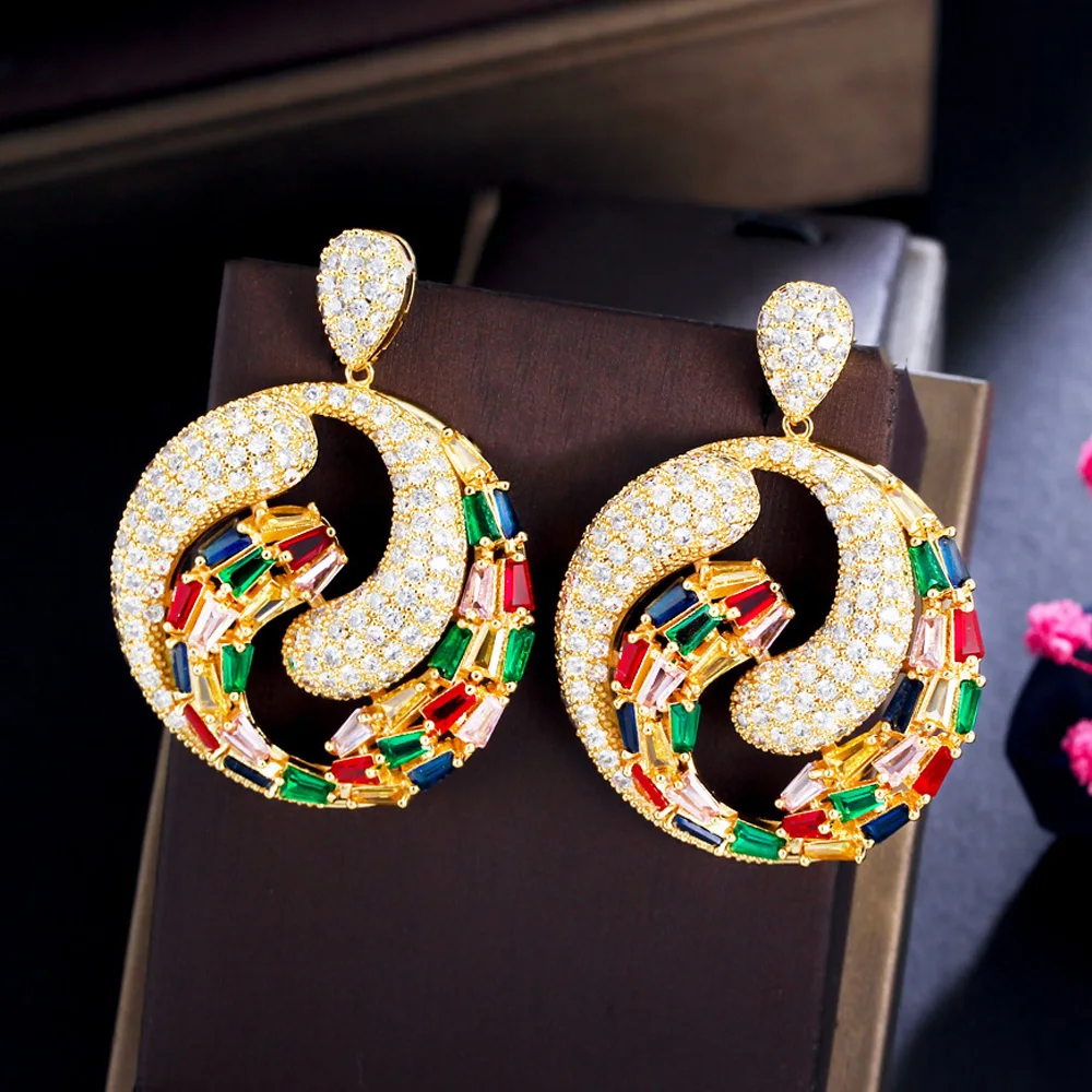 CWWZircons Glittering Multicolor Cubic Zirconia Gold Plated Statement Large Round Dangle Women Earrings for Wedding Party CZ492