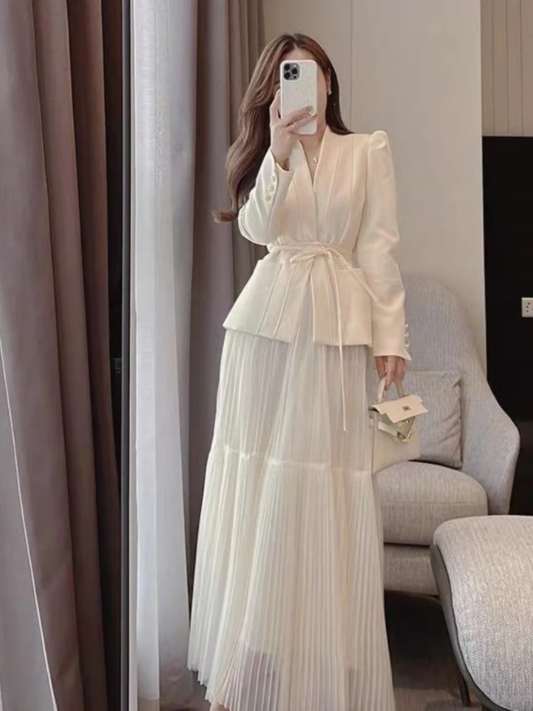

Elegant 2 Pcs Set Lace-up Long Sleeve Coat Pleated Skirt Solid Color Women's Office Lady Suit 2025 Summer New Tide