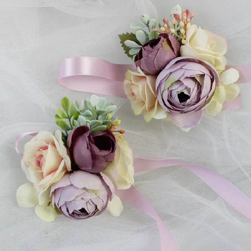 Boutonniere e pulso corsage etiqueta de casamento celebração de negócios conferência convidados flor de peito roxo dh99