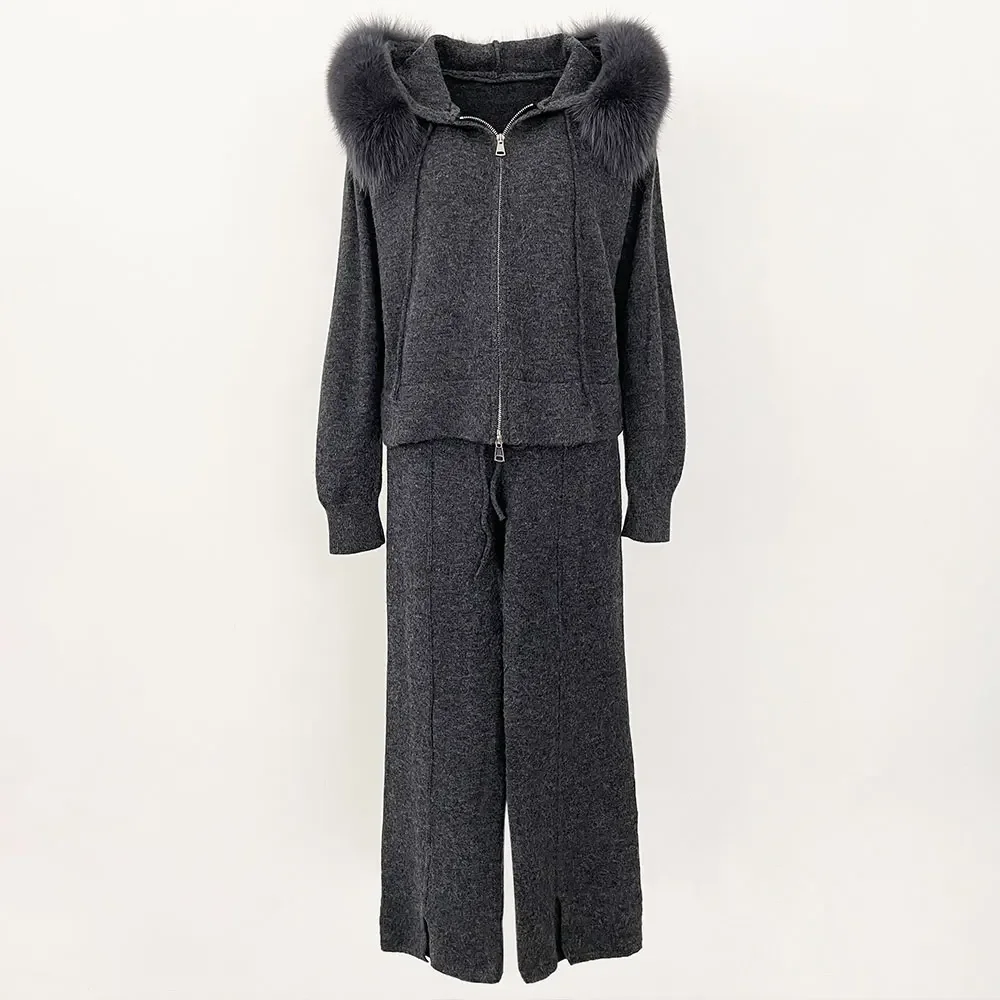 女性のキツネの毛皮の襟付きフード付きジャケット,ファッショナブルなセータースーツ,ニットウェアとズボン,取り外し可能なコート,秋冬,2024