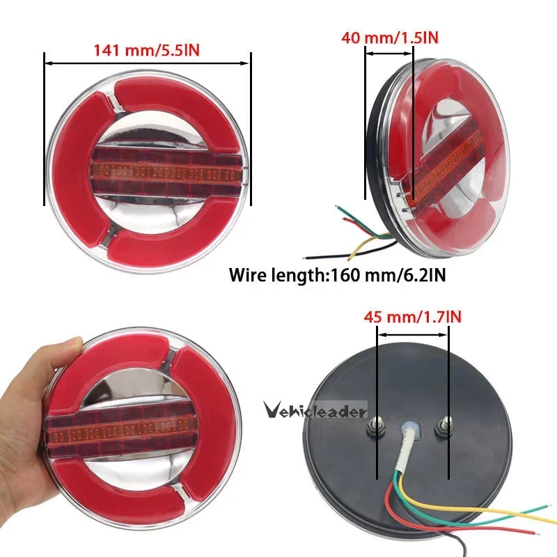 12V/24V Dynamic Running LED Truck Tail Light Turn Signal Lamp Trailer Tractor Brake Round Rear Lights Red Amber Taillights