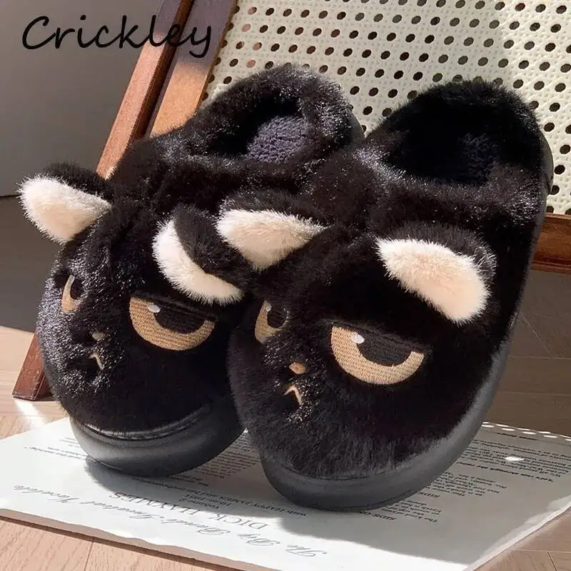 

Cartoon Cat Woman Slippers Winter Plush Thick Warm Embroidery Female Home Cotton Shoes Soft Bottom Floor Women Man Slippers
