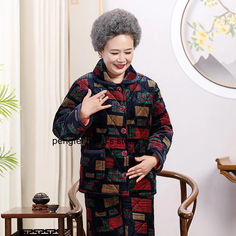 Plus Size Elderly Women Flannel Sleepwear Set Fall Winter Fleece Lined Thick Warm Casual Loungewear for Mom