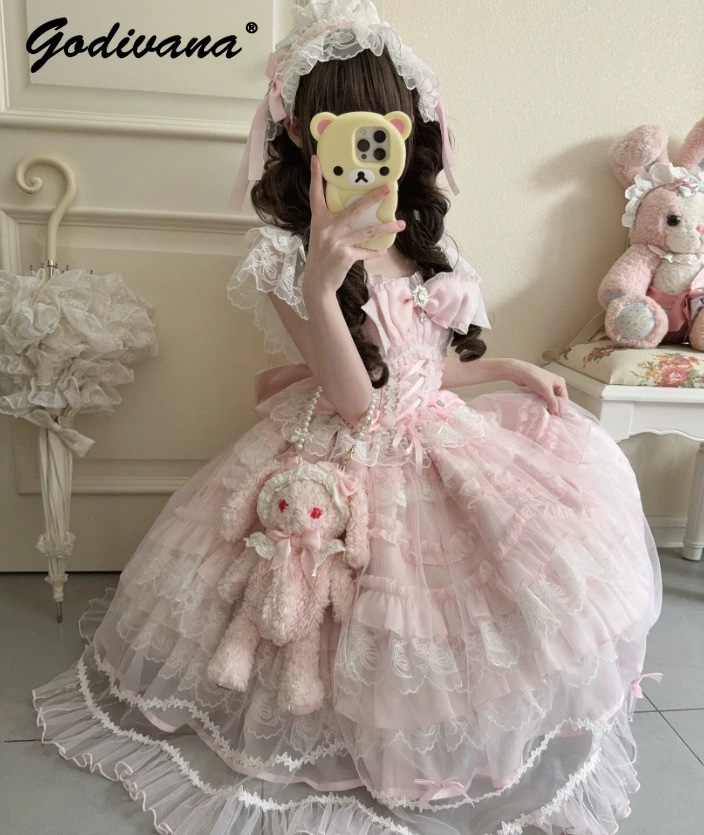 

New Spring and Summer Lolita Lace Mesh Dress Girls Women's Sweet Veil Bow JSK Fairy Princess Lace Dresses