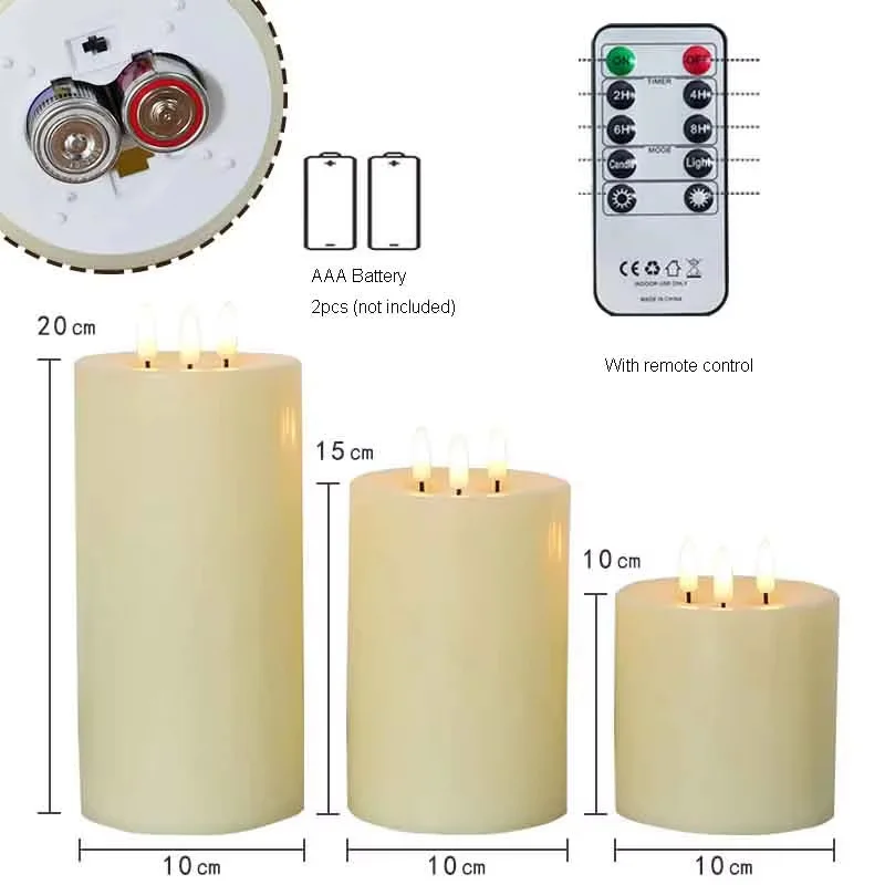 3pcs 3 Wicks Flameless LED Candle Battery Powered Pillar Candle Real Wax Led Candle for Wedding Home Hotel Decoration LED Candle