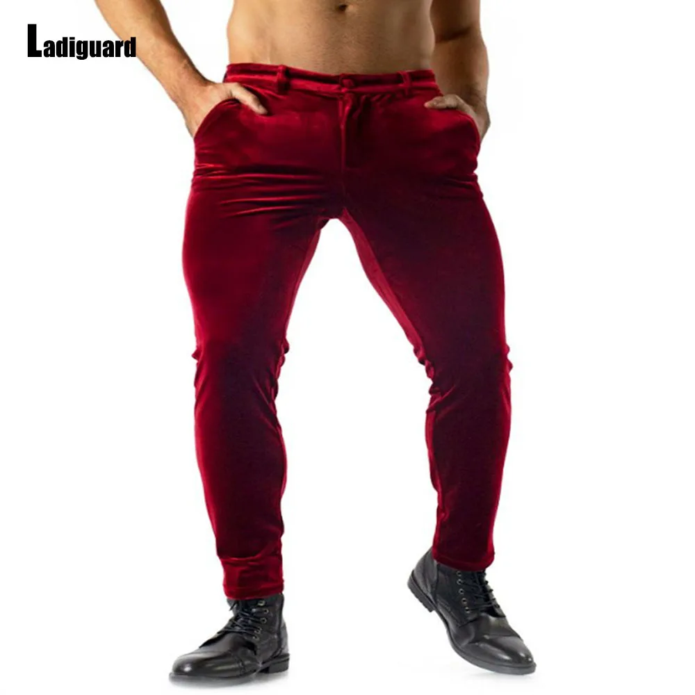 Men\'s Stand Pocket Elegant Velvet Pants Solid Red Basic Trousers Autumn Winter Fashion Zipper Pants Male Ankle-Length Bottoms