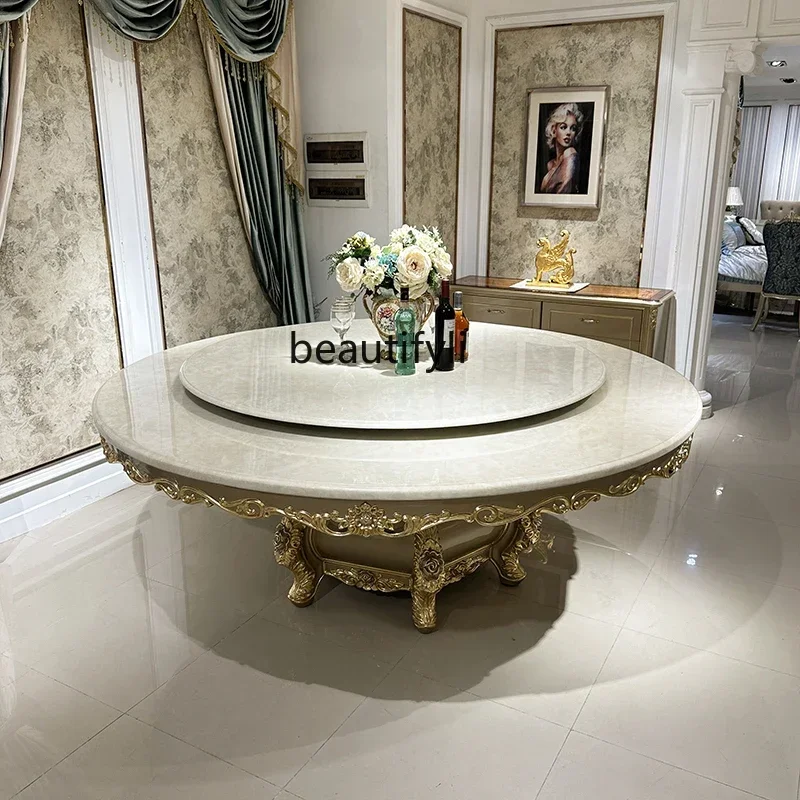

Cy French Marble Dining Table And Chair Combination, European Luxury Round Dining Table With Electric Turntable