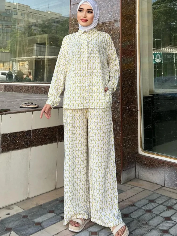 Women Eid Muslim Sets Two Pieces Kaftan Islam Arab Ensemble Print Blouses Wide Leg Pants Casual Jalabiya Loose Pockets Button