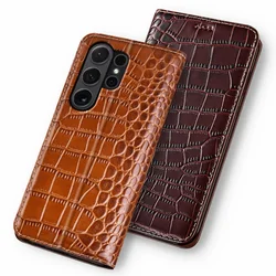 Cases For SAMSUNG Galaxy S24 S23 S22 S21 S20 Plus Ultra FE 5G Crocodile Flip Case Cowhide Genuine Leather Magnetic Wallet Covers