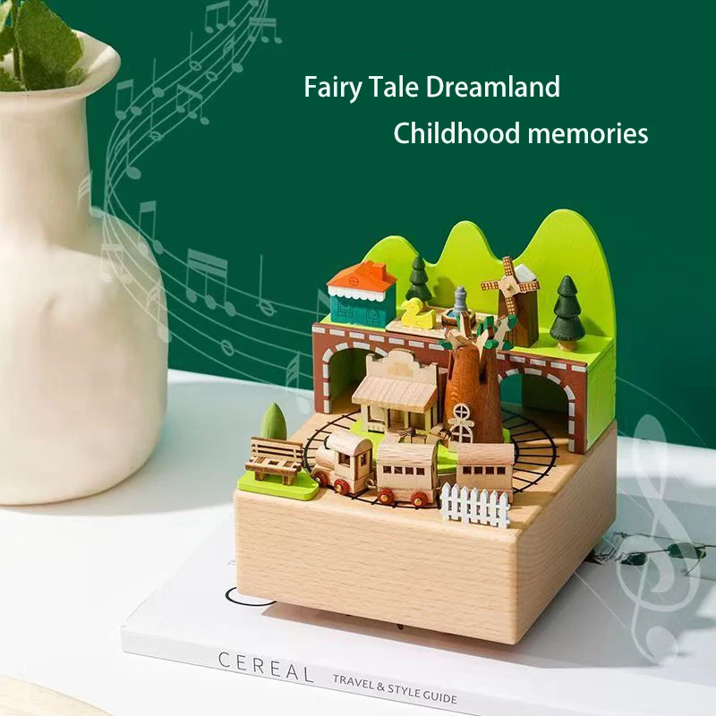 Wooden handmade music box, Sky City music box for small trains, desktop ornaments, birthday and Christmas gifts