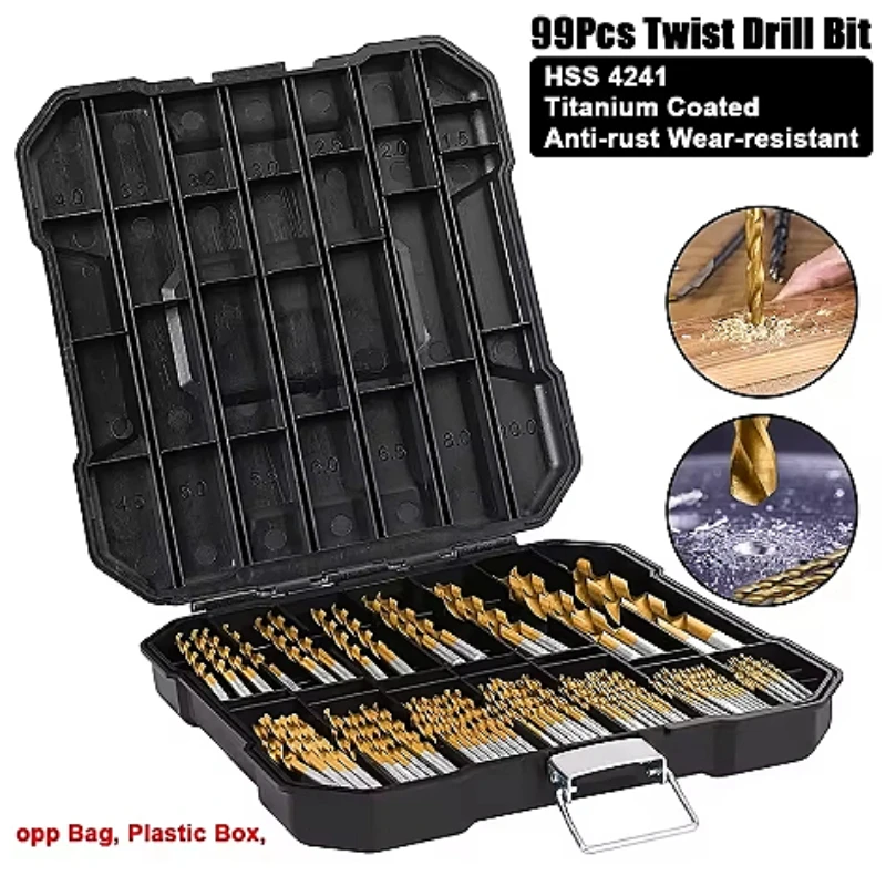 

Twist Drill Set 99pcs High Speed Steel Titanium Coated Drill Bits Drilling Hole Tools Anti-rust Wear Protection 1/4"-1/16"