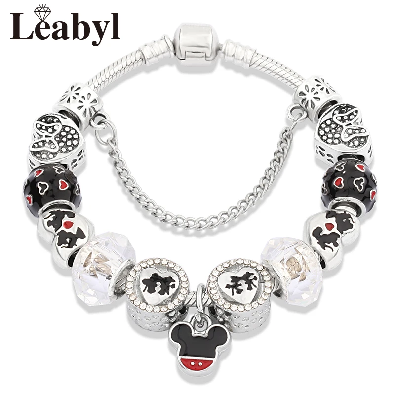 New Trendy Black Enamel Mickey Cartoon Charm Bracelet Heart Minnie Bead Bracelets Jewelry