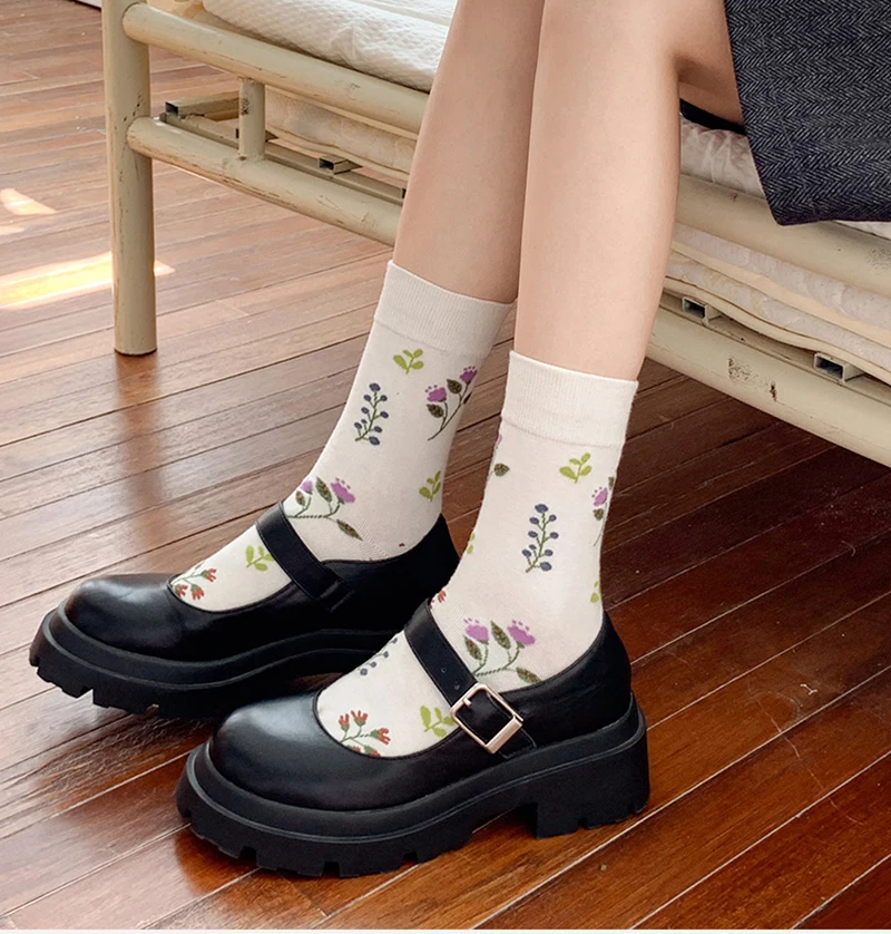 Cute Women's Floral 2 Toe Socks Casual Middle Tube Socks With Separate Toes Soft Cotton Five Fingers Socks Girls Split Toe Socks