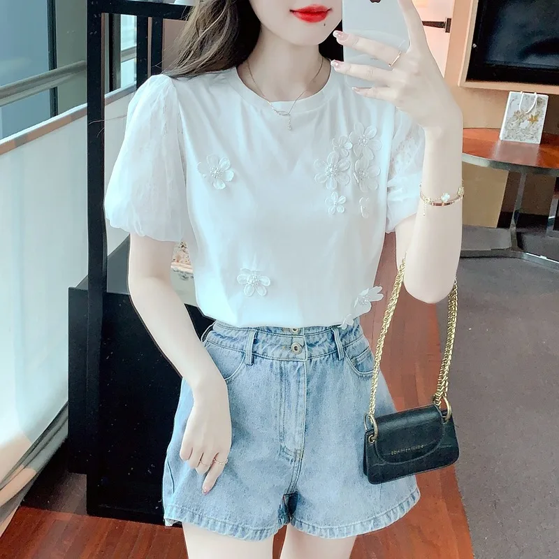 Women\'s Beading Flower Tops, Short Sleeve T-shirts, Casual Round Collar Clothes, Summer White Tees, New, Sweet 8542