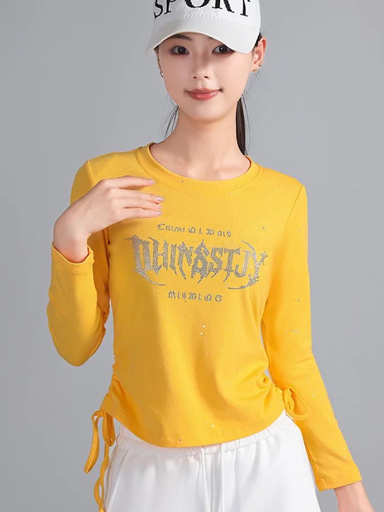 long-sleeve-thread-cotton-glitter-round-neck-dance-t-shirt-women's-modern-simple-style-fitness-dance-square-dancing-top