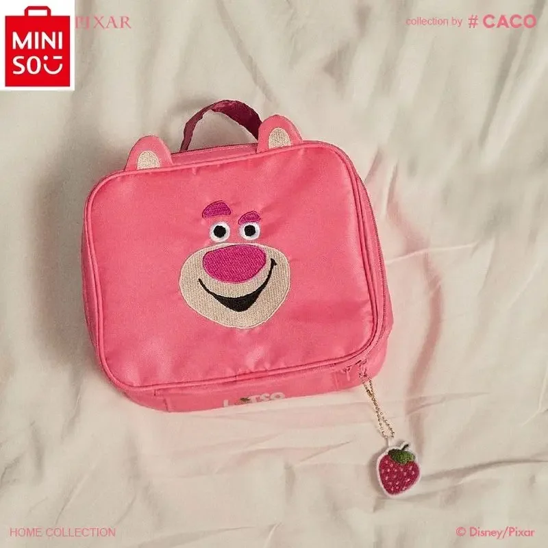 MINISO Disney Cartoon Three Eyed Strawberry Bear Portable Large Capacity Student Storage Cosmetics Washing Handbag