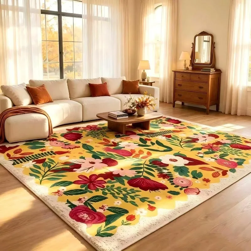 Abstract Floral Rug Colorful Boho Funky Tropical Leaf Aesthetic Bedroom Carpet Washable Orange Coral Non-Slip Floor Mat Alfombra