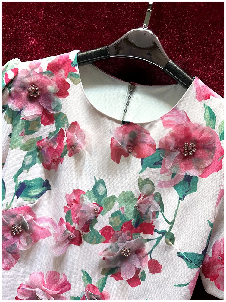 Vestido com estampa floral de manga curta feminino, roupa de pétala com gola redonda, Moda Europeia e Americana, XXL, Novo, Primavera, 2022